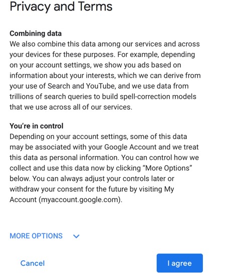 Google with ask you to agree to a set of privacy and terms