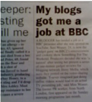 A newspaper article with the title "My blogs got me a job at BBC."