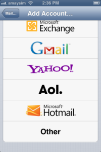 Phone screen listing different email services, like Gmail, Yahoo!, and Hotmail.