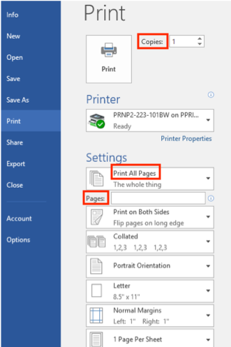Microsoft Word print screen. One copy, print all pages, no page range selected.