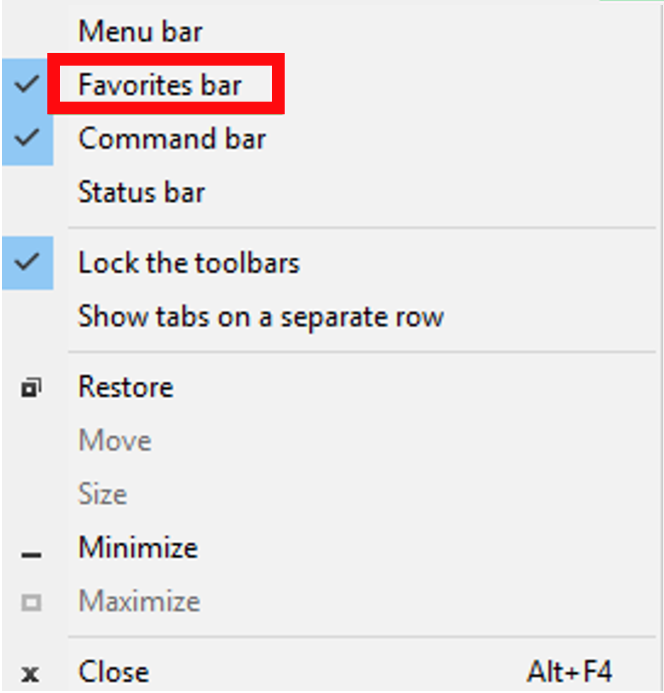 Toggle the bookmark bar in Explorer by selecting the Favorites bar option.