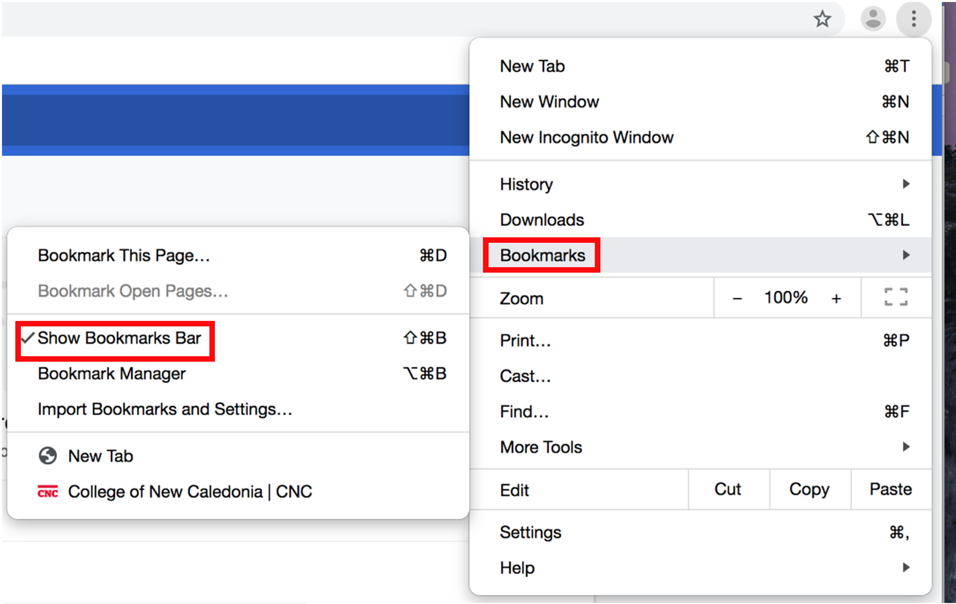 In Chrome, click Bookmarks under More Options. Toggle Show Bookmarks on and off.