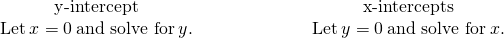 \begin{array}{cccc}\hfill {\text{y}}\mathbf{\text{-intercept}}\hfill & & & \hfill \phantom{\rule{4em}{0ex}}{\text{x}}\mathbf{\text{-intercepts}}\hfill \\ \hfill \text{Let}\phantom{\rule{0.2em}{0ex}}x=0\phantom{\rule{0.2em}{0ex}}\text{and solve for}\phantom{\rule{0.2em}{0ex}}y.\hfill & & & \hfill \phantom{\rule{4em}{0ex}}\text{Let}\phantom{\rule{0.2em}{0ex}}y=0\phantom{\rule{0.2em}{0ex}}\text{and solve for}\phantom{\rule{0.2em}{0ex}}x.\hfill \end{array}