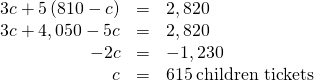 Rendered by QuickLaTeX.com \begin{array}{ccc}\hfill 3c+5\left(810-c\right)& =\hfill & 2,820\hfill \\ \hfill 3c+4,050-5c& =\hfill & 2,820\hfill \\ \hfill -2c& =\hfill & -1,230\hfill \\ \hfill c& =\hfill & 615\phantom{\rule{0.2em}{0ex}}\text{children tickets}\hfill \end{array}