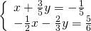 \left\{\begin{array}{c}x+\frac{3}{5}y=-\frac{1}{5}\hfill \\ -\frac{1}{2}x-\frac{2}{3}y=\frac{5}{6}\hfill \end{array}