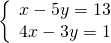 \left\{\begin{array}{c}x-5y=13\hfill \\ 4x-3y=1\hfill \end{array}