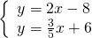 \left\{\begin{array}{c}y=2x-8\hfill \\ y=\frac{3}{5}x+6\hfill \end{array}