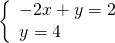 \left\{\begin{array}{c}-2x+y=2\hfill \\ y=4\hfill \end{array}