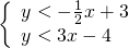 \left\{\begin{array}{c}y<-\frac{1}{2}x+3\hfill \\ y<3x-4\hfill \end{array}