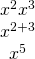 Rendered by QuickLaTeX.com \begin{array}{c}\hfill {x}^{2}·{x}^{3}\hfill \\ \hfill {x}^{2+3}\hfill \\ \hfill {x}^{5}\hfill \end{array}