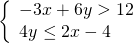 \left\{\begin{array}{c}-3x+6y>12\hfill \\ 4y\le 2x-4\hfill \end{array}