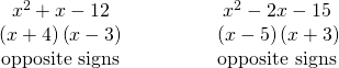 Rendered by QuickLaTeX.com \begin{array}{cccc}\hfill {x}^{2}+x-12\hfill & & & \hfill \phantom{\rule{2em}{0ex}}{x}^{2}-2x-15\hfill \\ \hfill \left(x+4\right)\left(x-3\right)\hfill & & & \hfill \phantom{\rule{2em}{0ex}}\left(x-5\right)\left(x+3\right)\hfill \\ \hfill \text{opposite signs}\hfill & & & \hfill \phantom{\rule{2em}{0ex}}\text{opposite signs}\hfill \end{array}