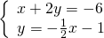 \left\{\begin{array}{c}\text{−}x+2y=-6\hfill \\ y=-\frac{1}{2}x-1\hfill \end{array}