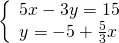 \left\{\begin{array}{c}5x-3y=15\hfill \\ y=-5+\frac{5}{3}x\hfill \end{array}