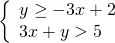 \left\{\begin{array}{c}y\ge -3x+2\hfill \\ 3x+y>5\hfill \end{array}