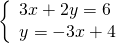 \left\{\begin{array}{c}3x+2y=6\hfill \\ y=-3x+4\hfill \end{array}