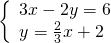 \left\{\begin{array}{c}3x-2y=6\hfill \\ y=\frac{2}{3}x+2\hfill \end{array}