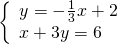 \left\{\begin{array}{c}y=-\frac{1}{3}x+2\hfill \\ x+3y=6\hfill \end{array}