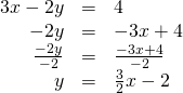 \begin{array}{ccc}\hfill 3x-2y& =\hfill & 4\hfill \\ \hfill -2y& =\hfill & -3x+4\hfill \\ \hfill \frac{-2y}{-2}& =\hfill & \frac{-3x+4}{-2}\hfill \\ \hfill y& =\hfill & \frac{3}{2}x-2\hfill \end{array}