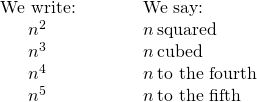 Rendered by QuickLaTeX.com \begin{array}{ccc}\mathbf{\text{We write:}}\hfill & & \phantom{\rule{2em}{0ex}}\mathbf{\text{We say:}}\hfill \\ \hfill {n}^{2}\hfill & & \phantom{\rule{2em}{0ex}}n\phantom{\rule{0.2em}{0ex}}\text{squared}\hfill \\ \hfill {n}^{3}\hfill & & \phantom{\rule{2em}{0ex}}n\phantom{\rule{0.2em}{0ex}}\text{cubed}\hfill \\ \hfill {n}^{4}\hfill & & \phantom{\rule{2em}{0ex}}n\phantom{\rule{0.2em}{0ex}}\text{to the fourth}\hfill \\ \hfill {n}^{5}\hfill & & \phantom{\rule{2em}{0ex}}n\phantom{\rule{0.2em}{0ex}}\text{to the fifth}\hfill \end{array}