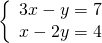 \left\{\begin{array}{c}3x-y=7\hfill \\ x-2y=4\hfill \end{array}