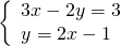 \left\{\begin{array}{c}3x-2y=3\hfill \\ y=2x-1\hfill \end{array}