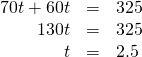 \begin{array}{ccc}\hfill 70t+60t& =\hfill & 325\hfill \\ \hfill 130t& =\hfill & 325\hfill \\ \hfill t& =\hfill & 2.5\hfill \end{array}