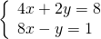 \left\{\begin{array}{c}4x+2y=8\hfill \\ 8x-y=1\hfill \end{array}