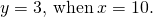 y=3,\phantom{\rule{0.2em}{0ex}}\text{when}\phantom{\rule{0.2em}{0ex}}x=10.