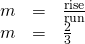Rendered by QuickLaTeX.com \begin{array}{ccc}\hfill m& =\hfill & \frac{\text{rise}}{\text{run}}\hfill \\ \hfill m& =\hfill & \frac{2}{3}\hfill \end{array}
