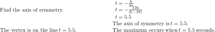 \begin{array}{cccc}\text{Find the axis of symmetry.}\hfill & & & \phantom{\rule{4em}{0ex}}\begin{array}{c}t=-\frac{b}{2a}\hfill \\ t=-\frac{176}{2\left(-16\right)}\hfill \\ t=5.5\hfill \end{array}\hfill \\ & & & \phantom{\rule{4em}{0ex}}\text{The axis of symmetry is}\phantom{\rule{0.2em}{0ex}}t=5.5.\hfill \\ \text{The vertex is on the line}\phantom{\rule{0.2em}{0ex}}t=5.5.\hfill & & & \phantom{\rule{4em}{0ex}}\text{The maximum occurs when}\phantom{\rule{0.2em}{0ex}}t=5.5\phantom{\rule{0.2em}{0ex}}\text{seconds.}\hfill \end{array}