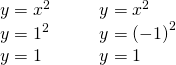 \begin{array}{cccc}y={x}^{2}\hfill & & & y={x}^{2}\hfill \\ y={1}^{2}\hfill & & & y={\left(-1\right)}^{2}\hfill \\ y=1\hfill & & & y=1\hfill \end{array}