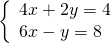 \left\{\begin{array}{c}4x+2y=4\hfill \\ 6x-y=8\hfill \end{array}