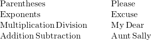 Rendered by QuickLaTeX.com \begin{array}{cccc}\mathbf{\text{P}}\text{arentheses}\hfill & & & \mathbf{\text{P}}\text{lease}\hfill \\ \mathbf{\text{E}}\text{xponents}\hfill & & & \mathbf{\text{E}}\text{xcuse}\hfill \\ \mathbf{\text{M}}\text{ultiplication}\phantom{\rule{0.2em}{0ex}}\mathbf{\text{D}}\text{ivision}\hfill & & & \mathbf{\text{M}}\text{y}\phantom{\rule{0.2em}{0ex}}\mathbf{\text{D}}\text{ear}\hfill \\ \mathbf{\text{A}}\text{ddition}\phantom{\rule{0.2em}{0ex}}\mathbf{\text{S}}\text{ubtraction}\hfill & & & \mathbf{\text{A}}\text{unt}\phantom{\rule{0.2em}{0ex}}\mathbf{\text{S}}\text{ally}\hfill \end{array}