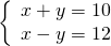 \left\{\begin{array}{c}x+y=10\hfill \\ x-y=12\hfill \end{array}