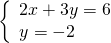 \left\{\begin{array}{c}2x+3y=6\hfill \\ y=-2\hfill \end{array}