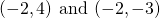 \left(-2,4\right)\phantom{\rule{0.2em}{0ex}}\text{and}\phantom{\rule{0.2em}{0ex}}\left(-2,-3\right)