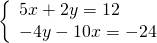 \left\{\begin{array}{c}5x+2y=12\hfill \\ -4y-10x=-24\hfill \end{array}