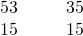 Rendered by QuickLaTeX.com \begin{array}{cccc}\hfill 5·3\hfill & & & \hfill 3·5\hfill \\ \hfill 15\hfill & & & \hfill 15\hfill \end{array}