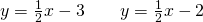 y=\frac{1}{2}x-3\phantom{\rule{2em}{0ex}}y=\frac{1}{2}x-2