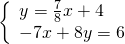 \left\{\begin{array}{c}y=\frac{7}{8}x+4\hfill \\ -7x+8y=6\hfill \end{array}