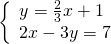 \left\{\begin{array}{c}y=\frac{2}{3}x+1\hfill \\ 2x-3y=7\hfill \end{array}