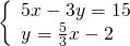 \left\{\begin{array}{c}5x-3y=15\hfill \\ y=\frac{5}{3}x-2\hfill \end{array}