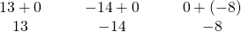 Rendered by QuickLaTeX.com \begin{array}{ccccccc}\hfill 13+0\hfill & & & \hfill -14+0\hfill & & & \hfill 0+\left(-8\right)\hfill \\ \hfill 13\hfill & & & \hfill -14\hfill & & & \hfill -8\hfill \end{array}