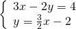 \left\{\begin{array}{c}3x-2y=4\hfill \\ y=\frac{3}{2}x-2\hfill \end{array}