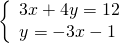 \left\{\begin{array}{c}3x+4y=12\hfill \\ y=-3x-1\hfill \end{array}