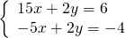 \left\{\begin{array}{c}15x+2y=6\hfill \\ -5x+2y=-4\hfill \end{array}