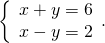 \left\{\begin{array}{c}x+y=6\hfill \\ x-y=2\hfill \end{array}.