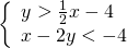 \left\{\begin{array}{c}y>\frac{1}{2}x-4\hfill \\ x-2y<-4\hfill \end{array}