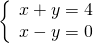 \left\{\begin{array}{c}x+y=4\hfill \\ x-y=0\hfill \end{array}